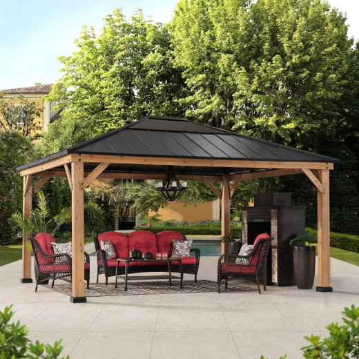 Tonnelle de jardin Ernir 393x452cm en bois massif, acier et polycarbonate anthracite - Sunjoy
