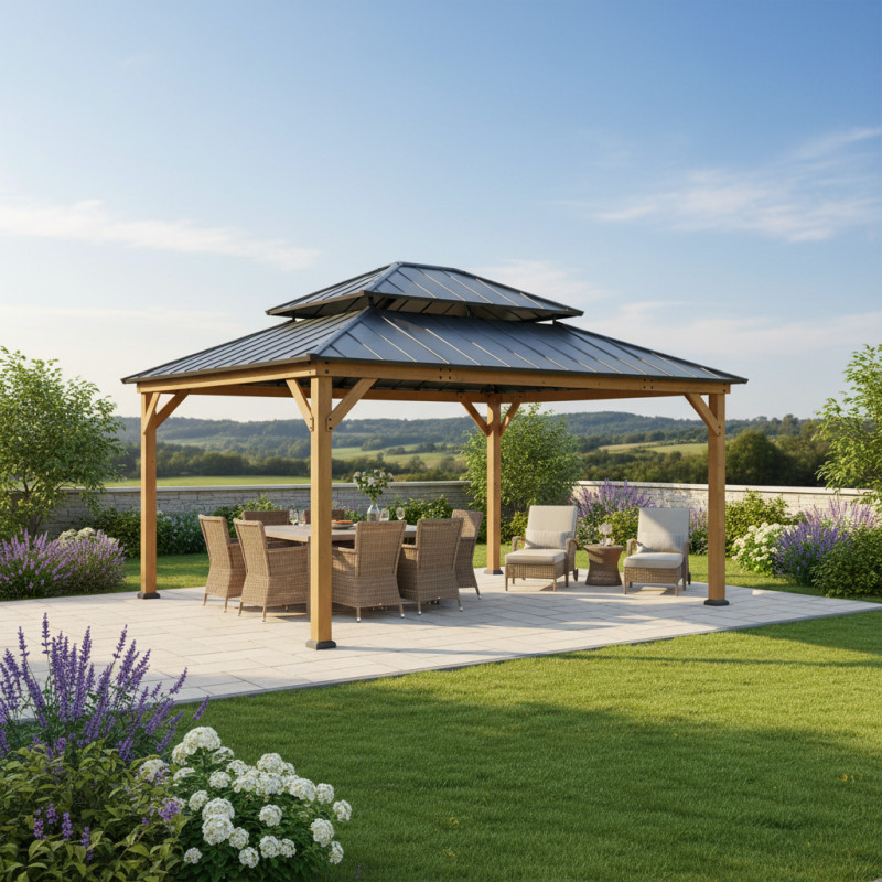 Tonnelle de jardin Rimo 390x450cm en bois massif et toit en acier anthracite - Sunjoy