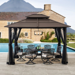 Tonnelle de jardin Kaldi 366x307cm en acier thermolaqué noir et toit marron - Sunjoy