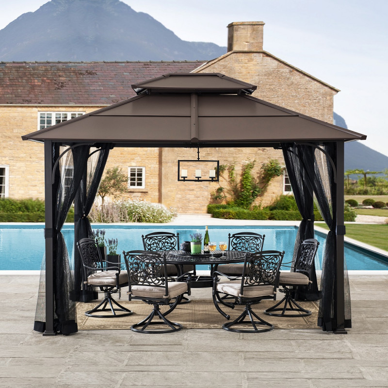 Tonnelle de jardin Kaldi 366x307cm en acier thermolaqué noir et toit marron - Sunjoy