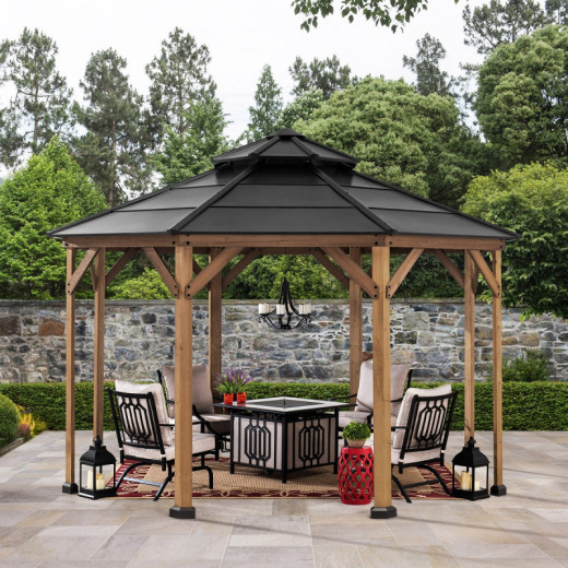 Tonnelle de jardin Eggi 395x395cm en bois massif et toit en acier anthracite - Sunjoy