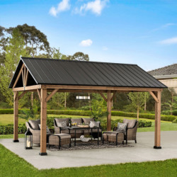 Tonnelle de jardin Rebra 404x465cm en bois massif et acier anthracite - Sunjoy