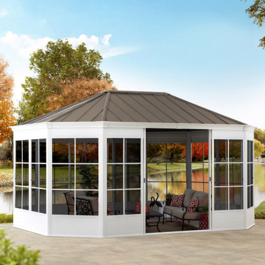 Tonnelle de jardin Birkett 366x488cm en aluminium blanc et acier marron - Sunjoy