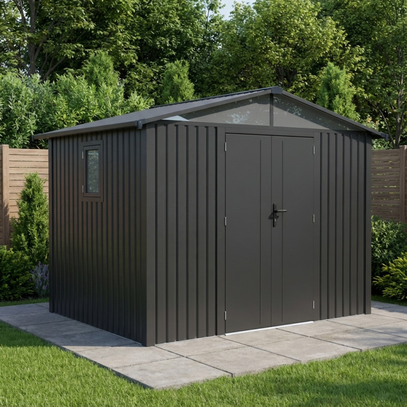 Abri de jardin en acier galvanisé Kosto double pente gris foncé 5,80m² + kit d'ancrage - X-Métal