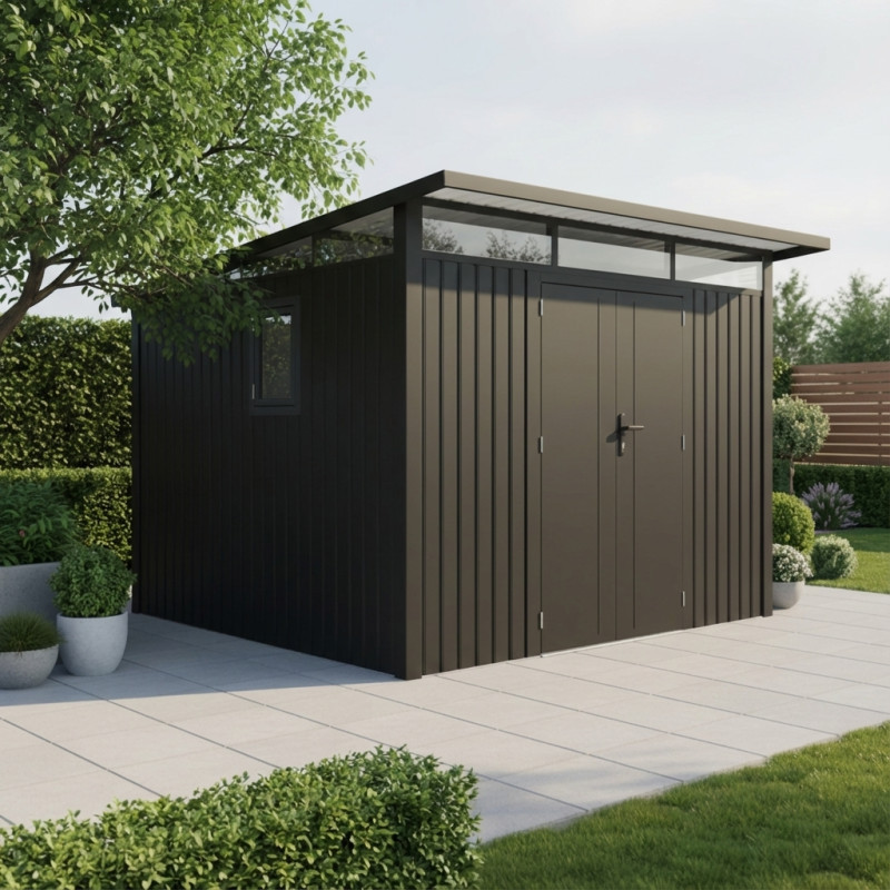 Abri de jardin en acier galvanisé Kosto monopente gris foncé 7,56m² + kit d'ancrage - X-Métal