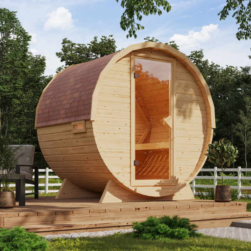Sauna Tonneau 1 - 2 à 4 places bois massif 38 mm - poêle 9KW ctrl externe KARIBU
