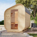 Sauna d'extérieur tonneau 4 à 6 places - parois 38mm - porte en verre - poêle avec ctrl externe - Asymétrique 3 - KARIBU