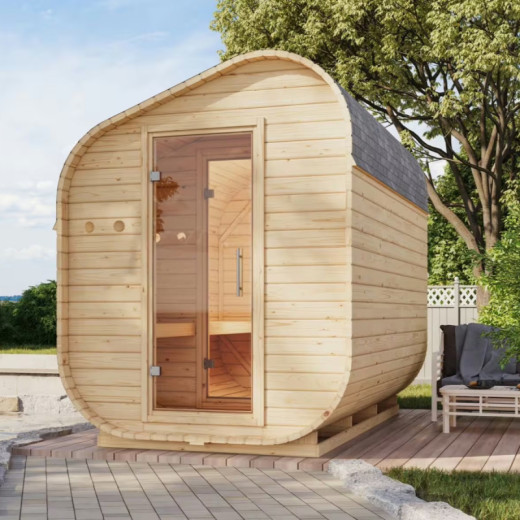 Sauna d'extérieur tonneau 4 à 6 places - parois 38mm - porte en verre - poêle avec ctrl Easy Bio - Asymétrique 3 - KARIBU