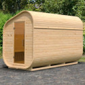Sauna d'extérieur tonneau 4 à 6 places - parois 38mm - porte en verre - poêle avec ctrl Easy Bio - Asymétrique 3 - KARIBU