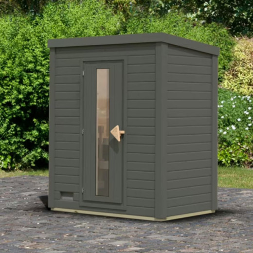 Sauna d’extérieur en bois gris terre Hytti 0 - 2 places - 38mm - poêle 9KW ctrl externe - KARIBU