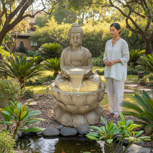 Fontaine XXL Bouddha sur fleur de lotus kit complet avec pompe - Art-Pond