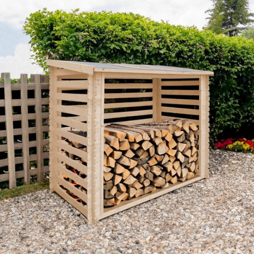 Abri bûches en bois brut 228x130cm – panneaux 19mm – Timbela