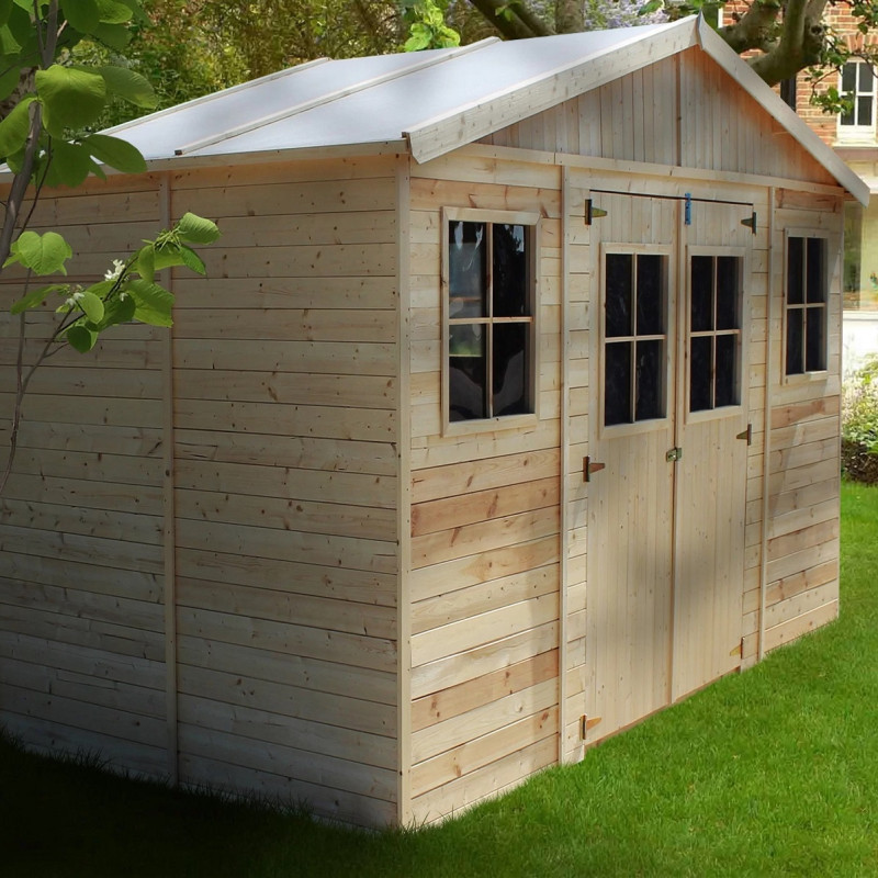 Abri de jardin en bois brut 17mm - 401x199cm - avec plancher - Timbela