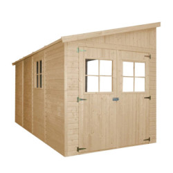Abri de jardin adossé en panneaux 17mm - 201x395cm - avec plancher - Timbela