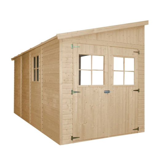 Abri de jardin adossé en panneaux 17mm - 201x395cm - avec plancher - Timbela