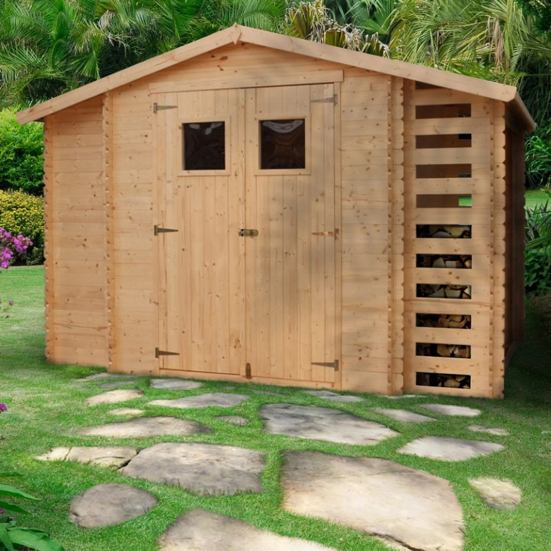 Abri de jardin 6m² avec bûcher - madriers 19mm - avec plancher - Timbela	