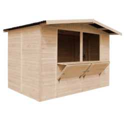 Stand de vente en bois brut 6m² – panneaux 17mm – 2 fenêtres - Timbela