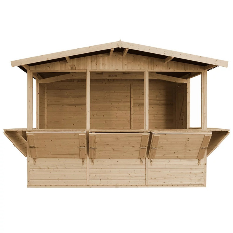 Stand de vente en bois brut 6m² – panneaux 17mm – 5 fenêtres - Timbela