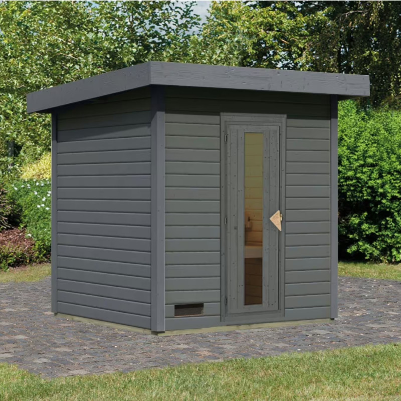 Sauna d’extérieur en bois gris terre Hytti 2 - 4 places - poêle 9KW ctrl externe - KARIBU