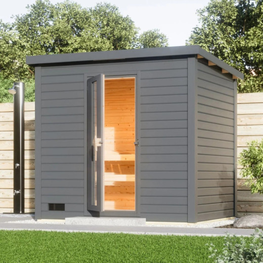 Sauna d’extérieur en bois gris terre Hytti 3 - 5 places - poêle 9KW ctrl externe - KARIBU