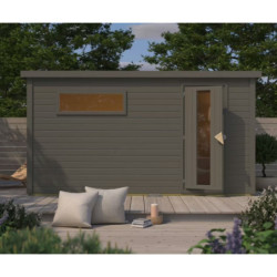 Sauna d’extérieur en bois gris terre Hytti 6  - 5 places 38mm - vestibule - poêle 9KW ctrl externe - KARIBU