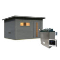 Sauna d’extérieur en bois gris terre Hytti 6  - 5 places 38mm - vestibule - poêle 9KW ctrl externe - KARIBU