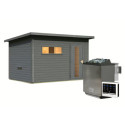 Sauna d’extérieur en bois gris terre Hytti 6 - 5 places 38mm - vestibule - poêle Easy Bio 9000W - KARIBU