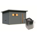 Sauna d’extérieur en bois gris terre Hytti 6 - 5 places 38mm - vestibule - poêle Easy Bio 9000W - KARIBU