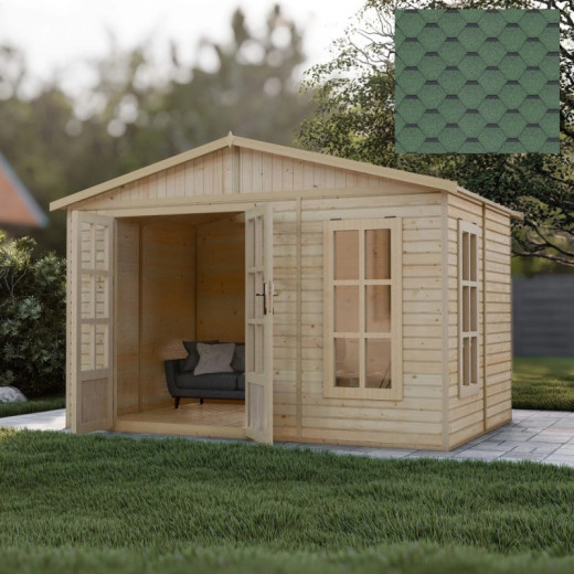 Bureau de jardin - 303x199cm - avec plancher et bardeaux bitumineux verts - Timbela