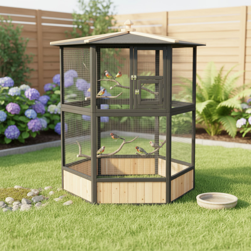 Volière en bois FSC thermo-traité diam. 150cm x H.164cm - Shelty Pet