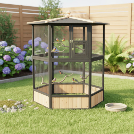Volière en bois FSC thermo-traité diam. 150cm x H.164cm - Shelty Pet