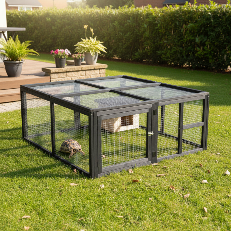 Enclos tortue d'extérieur en bois - L120xP110xH50cm - avec habitat - Shelty Pet