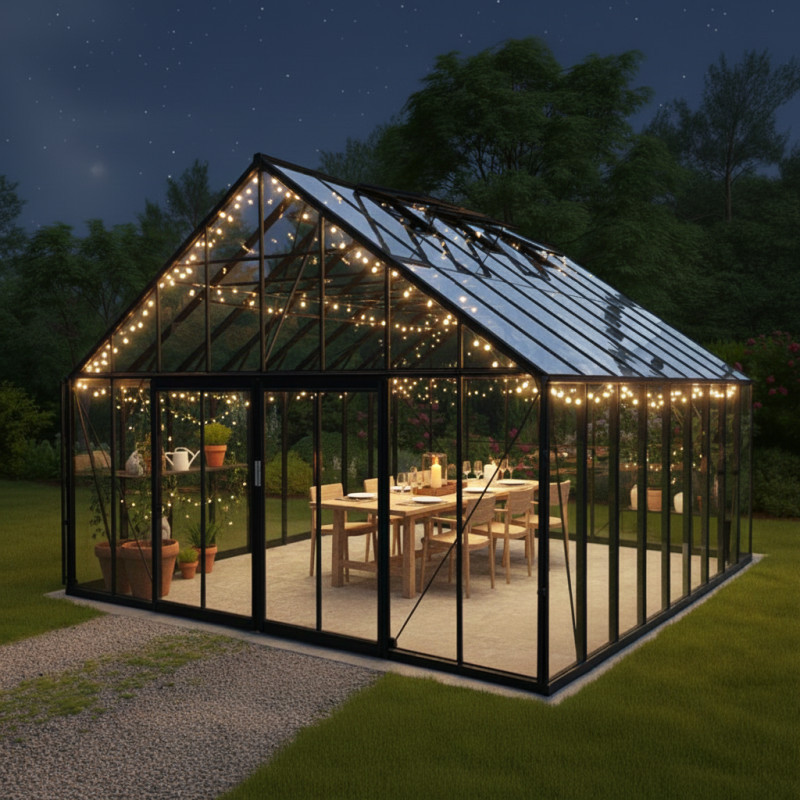 Serre de jardin 27,07m² ROYALE en aluminium laqué noir et verre trempé 4mm - Green Protect