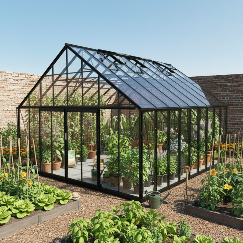 Serre de jardin 30,08m² ROYALE en aluminium laqué noir et verre trempé 4mm - Green Protect
