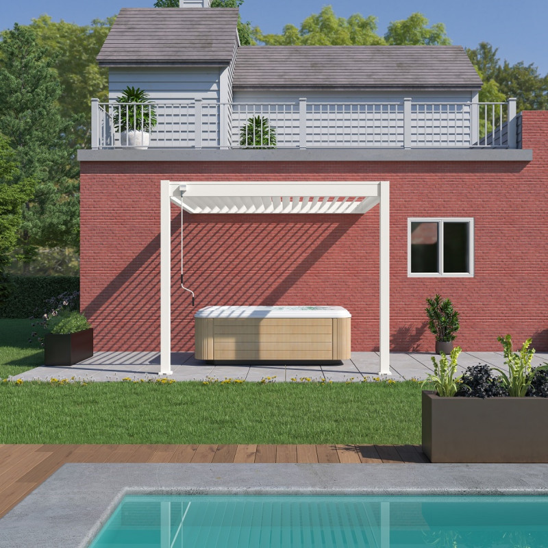 Pergola bioclimatique adossée en alu blanc 3x3m - store latéral en option - Ombrea VS