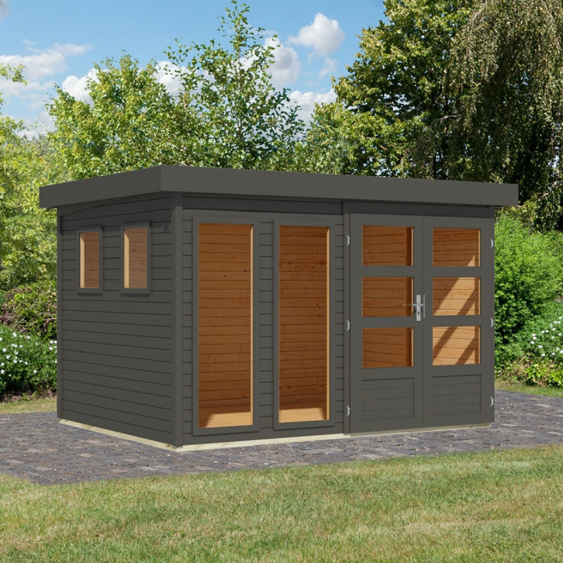 Abri de jardin toit plat 7,43m² en bois gris 19mm - Lahar 5 - Karibu