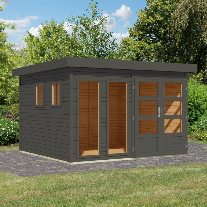 Abri de jardin toit plat 9,24m² en bois gris 19mm - Lahar 6 - Karibu