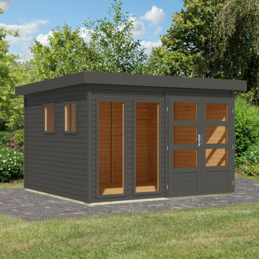 Abri de jardin toit plat 9,24m² en bois gris 19mm - Lahar 6 - Karibu
