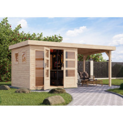 Abri de jardin toit plat 5,95m² en bois brut 19mm avec appentis 240cm - Lahar 3,5 - Karibu