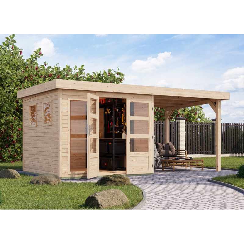 Abri de jardin toit plat 5,95m² en bois brut 19mm avec appentis 240cm - Lahar 3,5 - Karibu