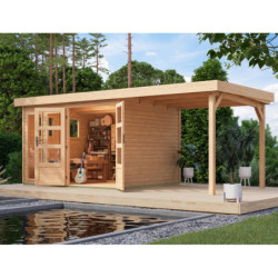 Abri de jardin toit plat 7,43m² en bois brut 19mm avec appentis 240cm - Lahar 5 - Karibu