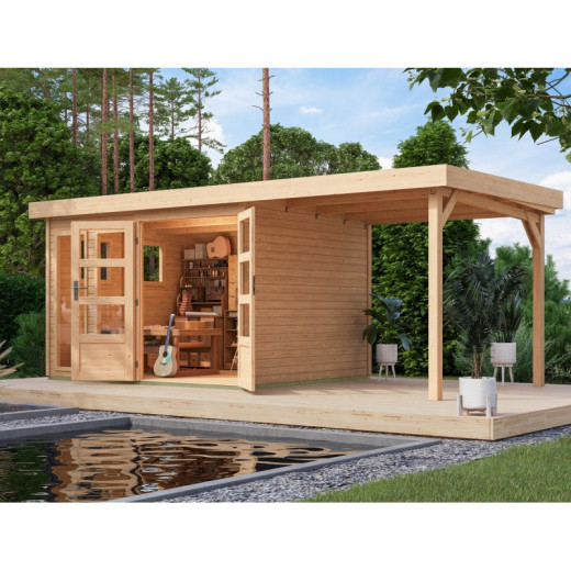 Abri de jardin toit plat 7,43m² en bois brut 19mm avec appentis 240cm - Lahar 5 - Karibu