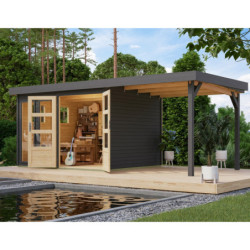 Abri de jardin toit plat 7,43m² en bois gris 19mm avec appentis 240cm - Lahar 5 - Karibu