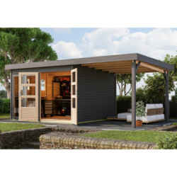 Abri de jardin toit plat 9,24m² en bois gris 19mm avec appentis 240cm - Lahar 6 - Karibu