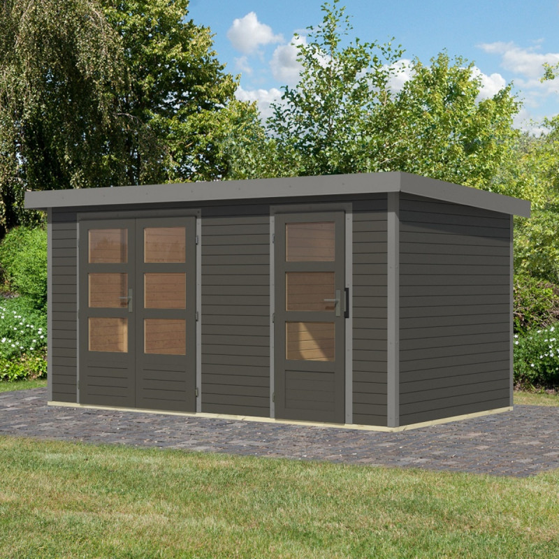 Abri de jardin en bois gris terre 19mm - acier gris - 8,56m² Merkur B – Karibu