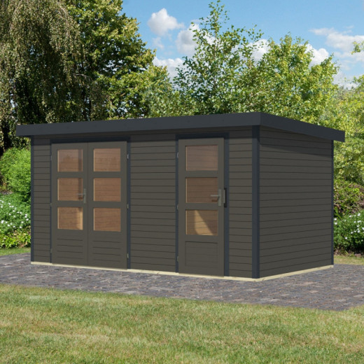 Abri de jardin en bois gris terre 19mm - acier anthracite - 8,56m² Merkur B – Karibu