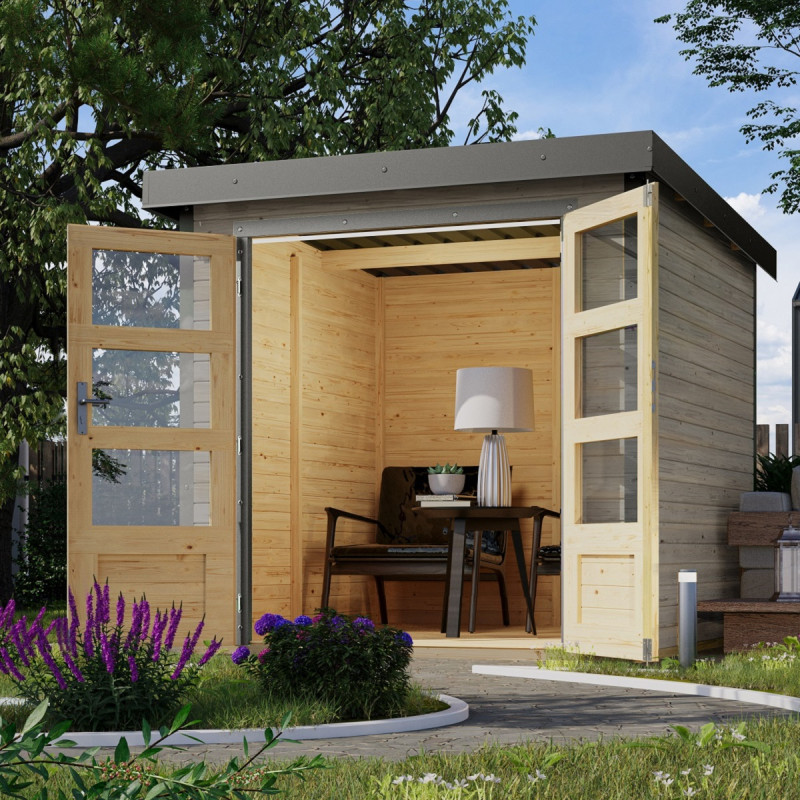 Abri de jardin en bois gris clair 19mm - acier gris - 4,45m² Jupiter 2D – Karibu