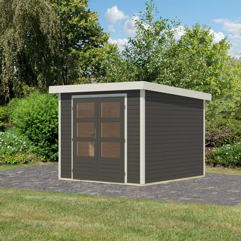 Abri de jardin en bois gris terre 19mm - acier blanc - 5,76m² Jupiter 3,5B – Karibu