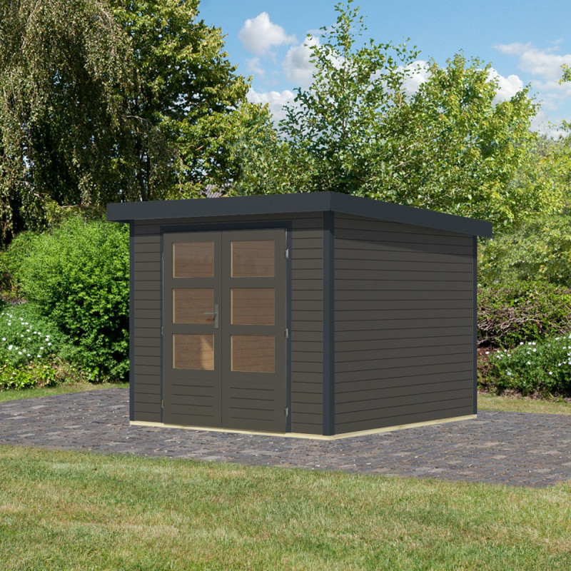 Abri de jardin en bois gris terre 19mm - acier anthracite - 5,76m² Jupiter 3,5B – Karibu