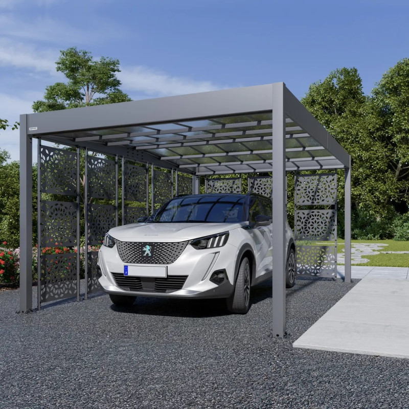 Carport double pente LIBECCIO 16m² en alu anthracite et polycarbonate + 8 panneaux – Trigano